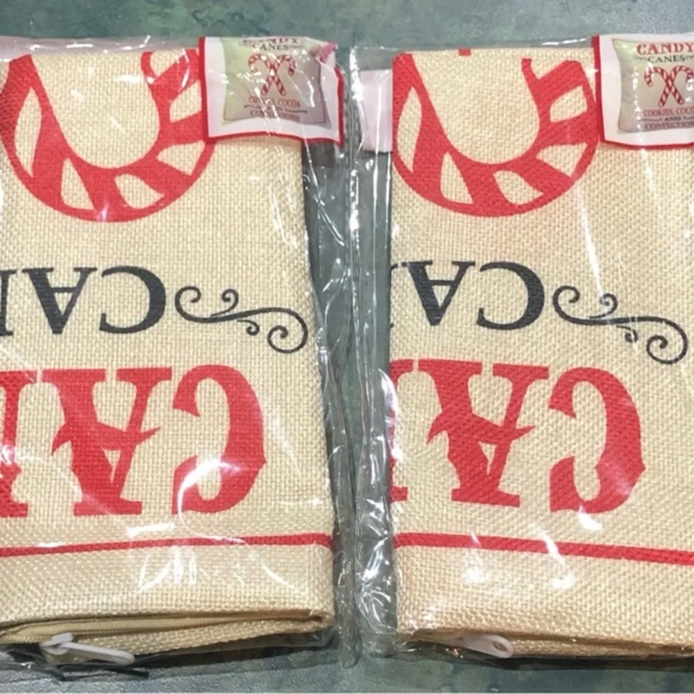 Burlap Christmas holiday candy cane red graphic print décor‎ pillow cases new